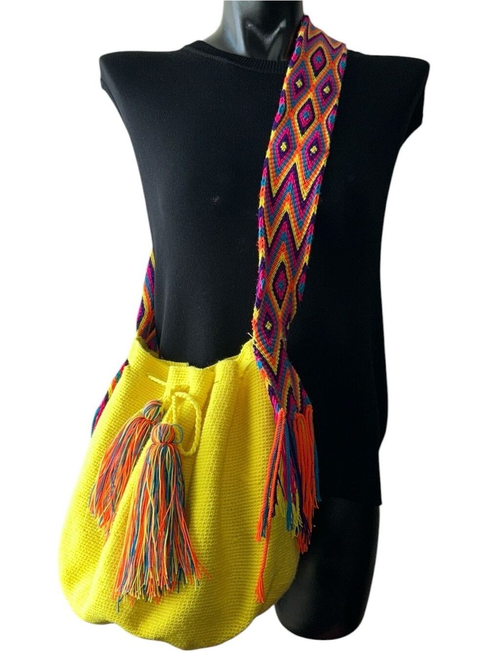 Sunshine Glow Yellow Large  Handmade Wayuu Mochila Boho Crochet Shoulder Bag